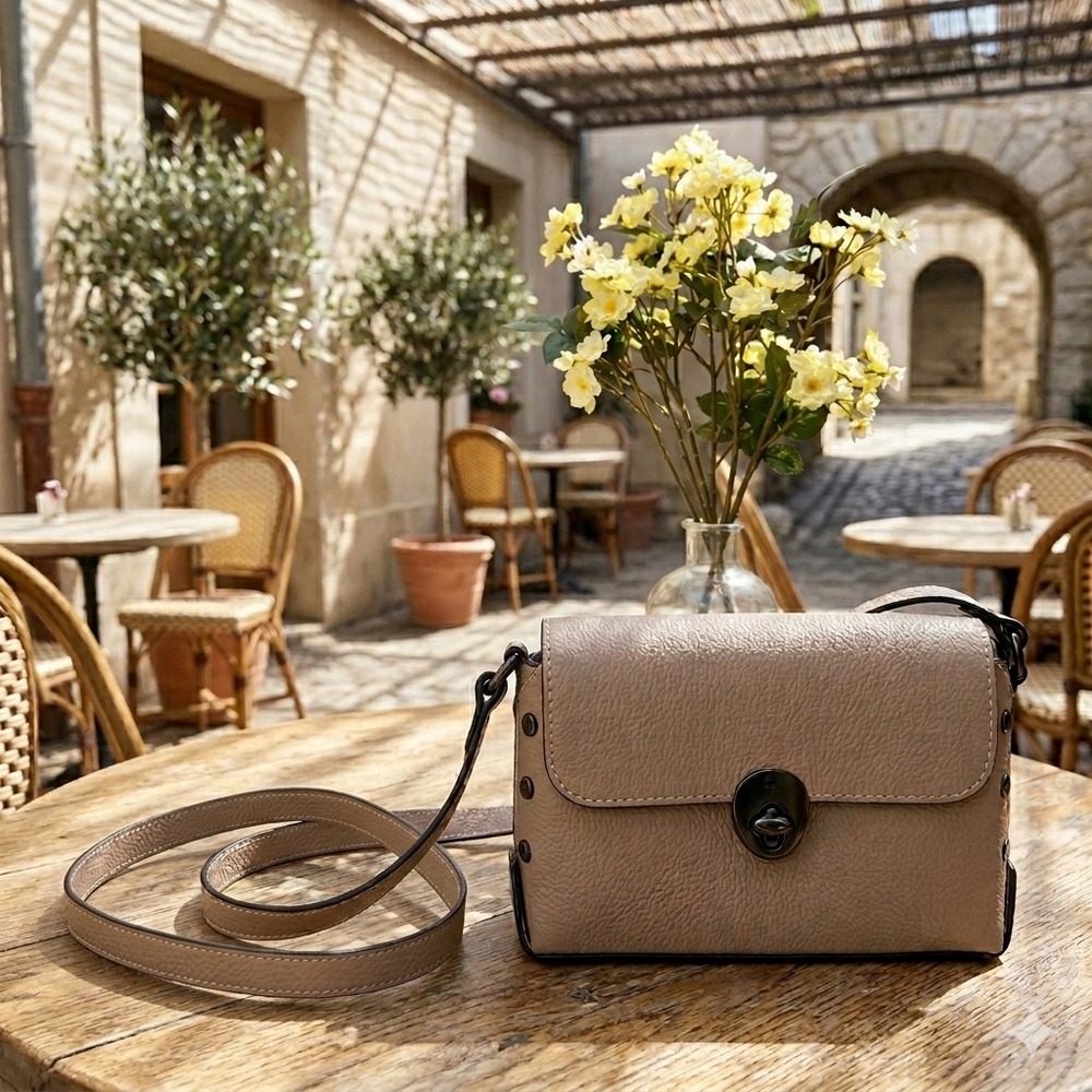 Beige Pebbled Leather Crossbody Bag Gunmetal Studded Turn Lock Small Messenger